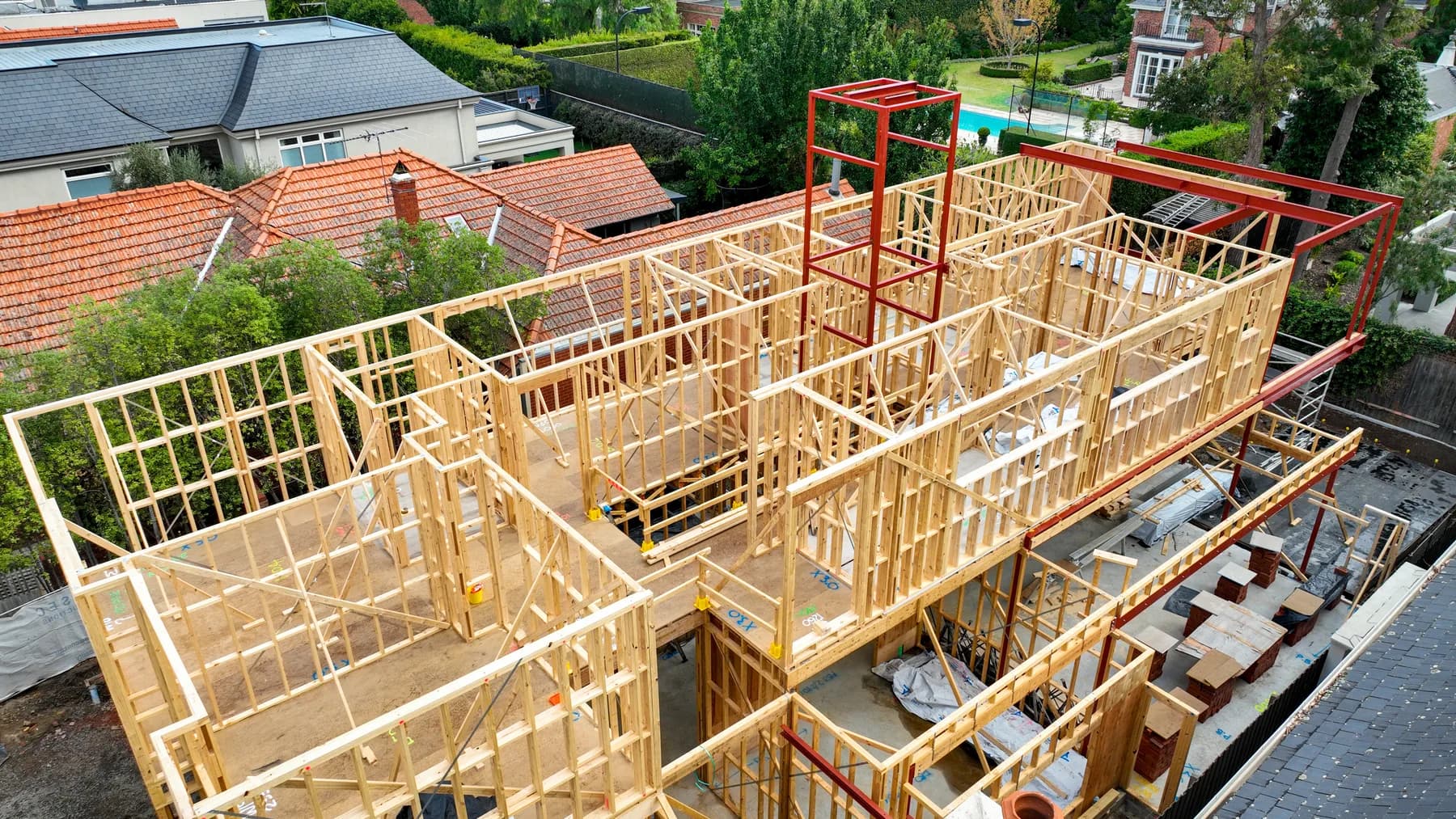 Aerial view of a residential timber and steel frame